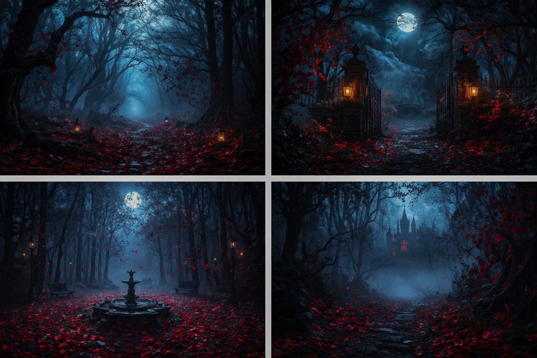 Photography Dark Cloth - Karanlık Orman Ay Işığı Kırmızı Yapraklar
